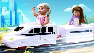 Baby dolls assemble a toy railway for toy trains for kids. Kids pretend to play with Baby Born dolls