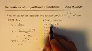 Find equation of the tangent to lnx/x at x = 1 and x = e