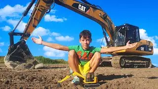 Story about Real Big Excavator CAT and toy trucks Bruder