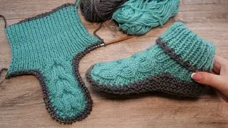 Домашние следки сапожки с объёмными косами спицами 🐉 Home slippers knitting pattern