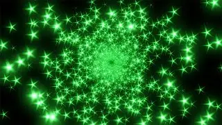 Green Star-Shaped Particles With Tunneling Motion. Black background. Neon. 4K Video Loop