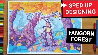 ⏩COZY FANGORN FOREST (10) How to color night scene with pencils. Coloring book design, LOTR motifs