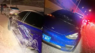 TESLA PURSUIT ENDS IN MASSIVE HIGHWAY CRASH