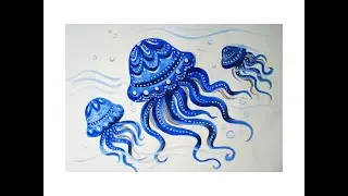 Синие медузы, как нарисовать гуашью.