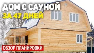 Проект одноэтажного дома 7х10 мансардой и угловой террасой: 4 спальни, сауна, кухня-гостиная