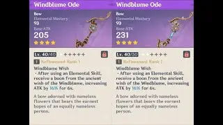 Windblume Ode weapon appearance base vs. ascended + passive effect in Genshin Impact