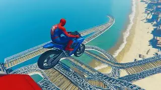 الأبطال الخارقين على القضبان دوامة قمع جسر 🕷️🏍️ RAINBOW SPIDER MAN! on Motorcycle in Spiral Bridge