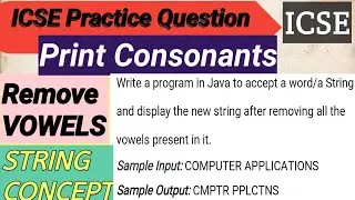 Print consonants | Remove all vowels from string | icse | java | semester2 | computer application