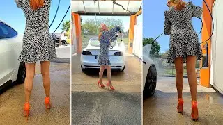 Station lavage automobile en mini robe bas nylon et hauts talons