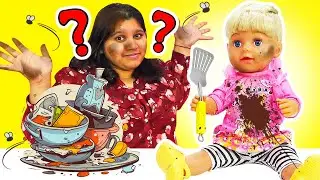 Baby dolls are dirty! Baby Born dolls clean up the kitchen & dollhouse with babysitter. Dolls & toys