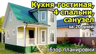 Дом 7х7 с эркером и террасой, 4 спальнями, кухней-гостиной, санузлом и тамбуром. Каркасный дом