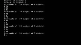 Program to store marks and average of total marks in a 2d-array and giving grade according to that.