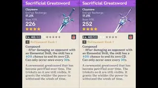 Sacrificial Greatsword appearance base vs. ascended in Genshin Impact
