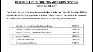 Islamia College University Peshawar MPhil/PhD Admissions Rescheduled : Apply and Test Date Extended