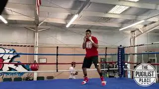 Undefeated boxer Leo Ruiz, of San Bernardino, CA, shadow boxing in the ring ahead of his 6/23 fight