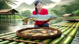 Fishing with a DIY a boat out of bamboo:Harvest fish, grill fish and bring to goes to market sell