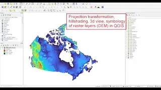 Projection transformation, hill shading, 3d view, symbology of raster layers (DEM) in QGIS