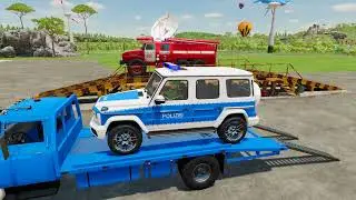 TRANSPORTING POLICE CARS, AMBULANCE, FIRE TRUCK with TRUCKS! Farming Simulator 22