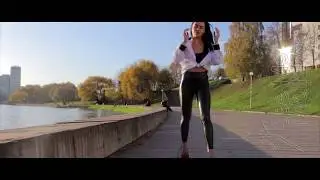 Cute Belarus model walking in red high heels and leggings