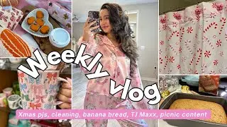WEEKLY VLOG: Cleaning, TikTok shop Xmas pjs, TJ Maxx, picnic content, running, boxed banana bread!?