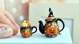 Miniature teapot and cup for Halloween🤎🧡🤎Polymer clay