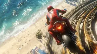 الأبطال الخارقين على القضبان دوامة قمع جسر 🕷️🏍️ RAINBOW SPIDER MAN! on Motorcycle in Spiral Bridge