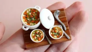 A set of miniature foods for Dollhouse. Saucepan and soup bowls. Tutorial. DIY. Миниатюрный суп.