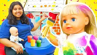 Where is Leo the baby doll? Baby dolls paint the toy house. Pretend cooking sandwich with Grace.
