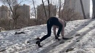 High heels on ice, slippery shoes, slippery high heels, slippery mountain, icy mountain, girl slips