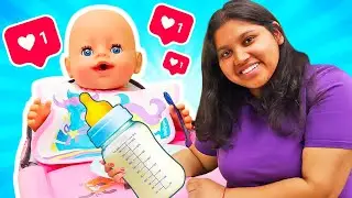 Feeding chair for Baby Born doll. Pretend to play cooking toy food for baby doll & morning routine.