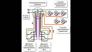 Схема подключения двухклавишного проходного выключателя для 2 х светильников