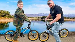 BIKE ADVENTURE at the LAKE with CALEB and DAD! Riding Bikes, Feeding Ducks and Funny Dogs!