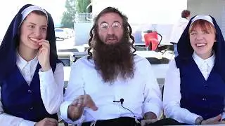 Corrin Evans (Sister Prudence) and Maddie McGuire (Sister Genevieve) on set with Robert Rhine.