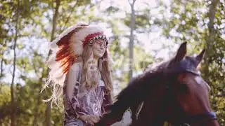 Young Woman In Headdress Riding Horse In Sunlit Forest / Videohive, Stock footage, People