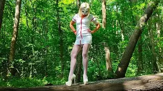 Karina Nurse, Looking for Healing Herbs in the Forest, White Stockings and White Heels