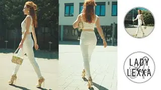 WALKING IN TIGHT CATSUIT AND FANCY OPEN TOES HIGH HEELS