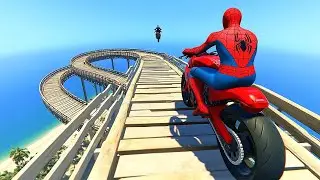 الأبطال الخارقين على القضبان دوامة قمع جسر 🕷️🏍️ RAINBOW SPIDER MAN! on Motorcycle in Spiral Bridge