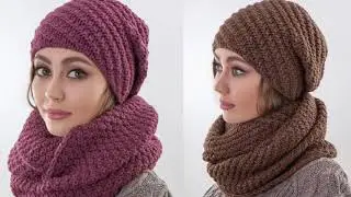 Вяжем комплект шапку и снуд диагональным узором.