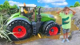 Tractor Bruder Fendt stuck in the Mud - Crane pulled out Tractor