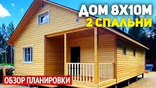 Проект одноэтажного каркасного дома 8х10 с террасой: 2 спальни, кухня-гостиная, ванная, котельная