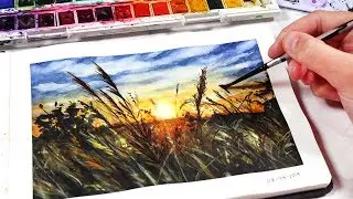 EASY Watercolor Sunset for BEGINNERS - Sunset Fields Painting Tutorial