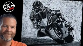 Live Drawing - Motorcycle with White Charcoal on Black Paper