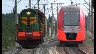 Тепловоз ЧМЭ3-4885 с крытым вагоном и электропоезд ЭС1-009/019 