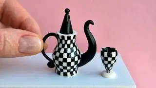 Miniature teapot and goblet with chess pattern🖤🤍🖤Polymer clay