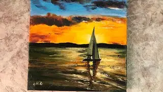 Простой пейзаж.Закат на море акрил и масло