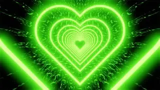 Neon Tunnel of Green Hearts on a Mirrored Black Background. 4K Video Loop