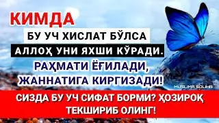 КИМДА БУ УЧ ХИСЛАТ БЎЛСА АЛЛОҲ УНИ ЯХШИ КЎРАДИ. РАҲМАТИ ЁҒИЛАДИ, ЖАННАТИГА ОСОН КИРГИЗАДИ!