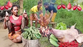 Catch two fish in mud lake with Green tamarind for food of survival, Pig's head salad grilled spicy