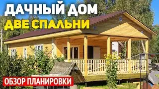 Проект одноэтажного  дома из бруса 6х10 с террасой и крыльцом: 2 спальни, кухня-гостиная, ванная