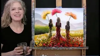 Learn How to Paint FANTASY FLOWER FIELD with Acrylic - Paint and Sip at Home - Step by Step Tutorial